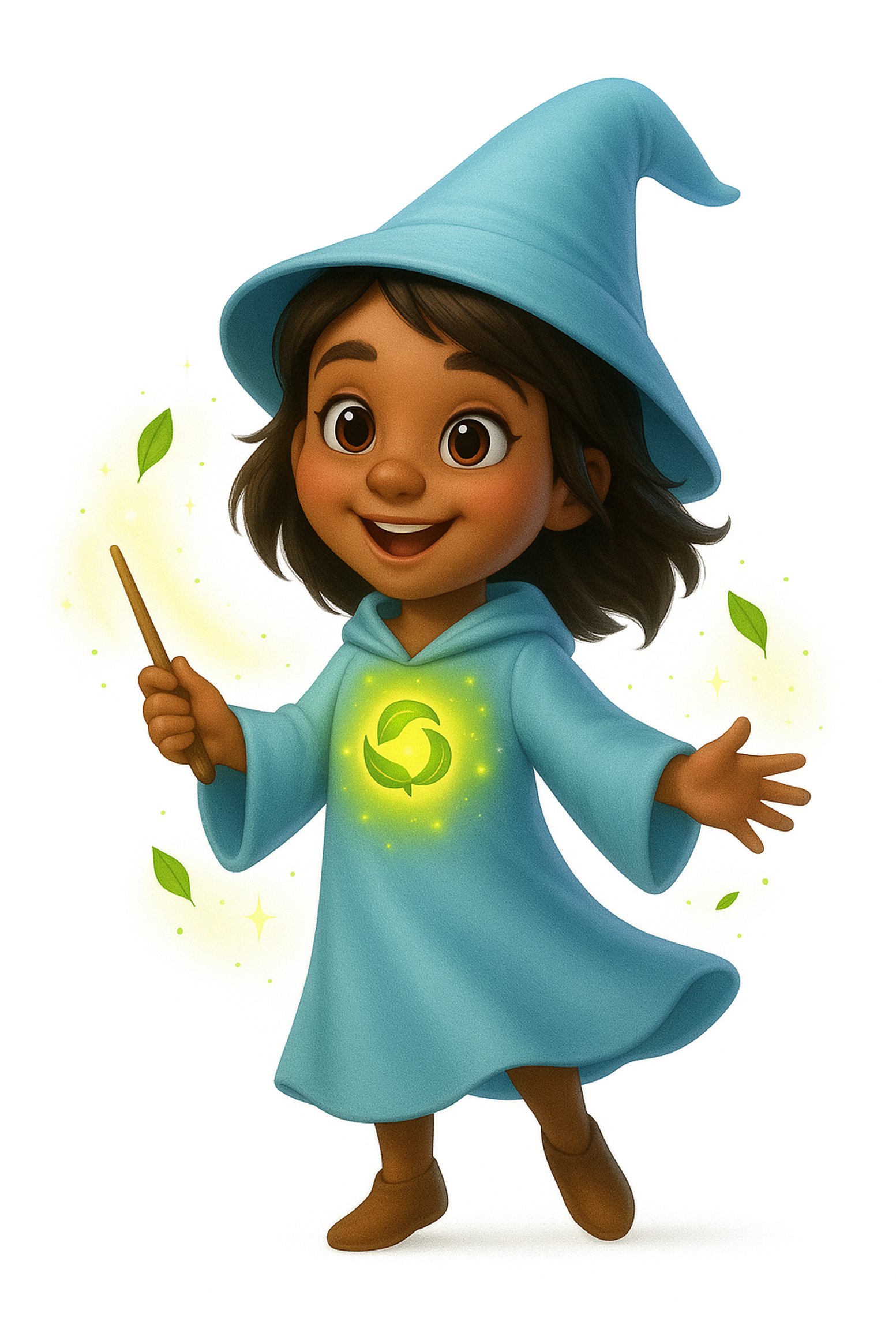 La Maga del Reciclaje sostiene una varita mágica brillante junto a hojas flotantes, personaje animado de Imagine ECO