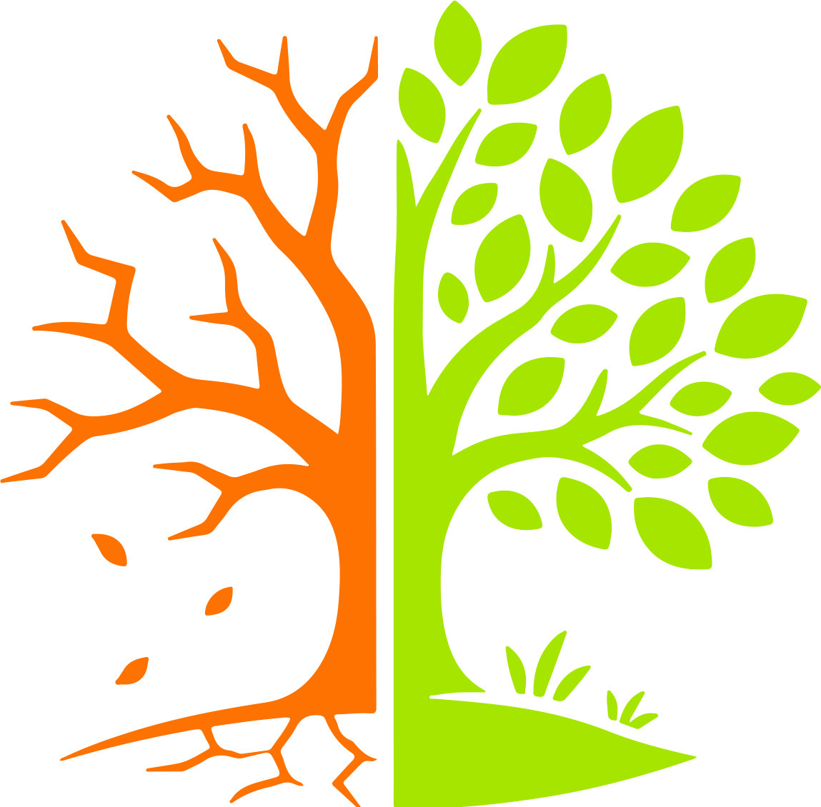 Árbol de la transformación: la mitad de ramas secas en naranja representa el antes, la mitad frondosa en verde lima representa el después
