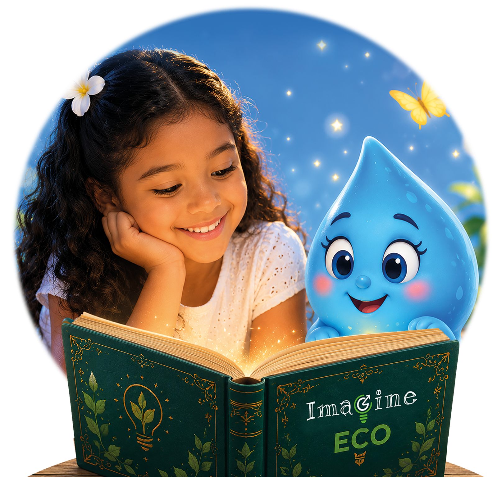 Una niña lee un cuento junto a Gotita, el personaje de agua de Imagine Eco
