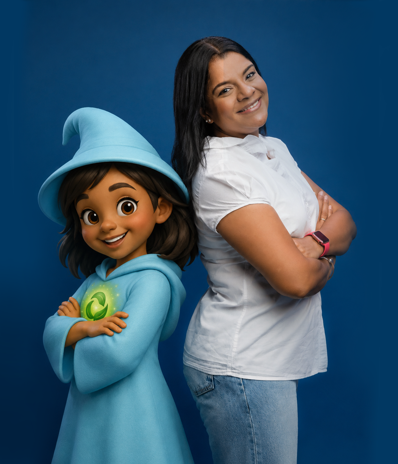 Erika Bethancourt, fundadora de Imagine Eco, de pie junto a La Maga del Reciclaje, personaje animado de la marca, sobre un fondo azul profundo