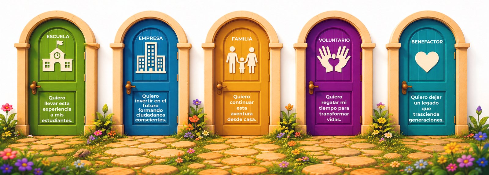 Cinco puertas coloridas para Escuela, Empresa, Familia, Voluntario y Benefactor